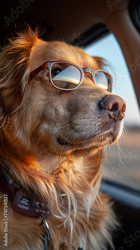 golden retriever dog in the front seat of the car with sunglasses in summer time