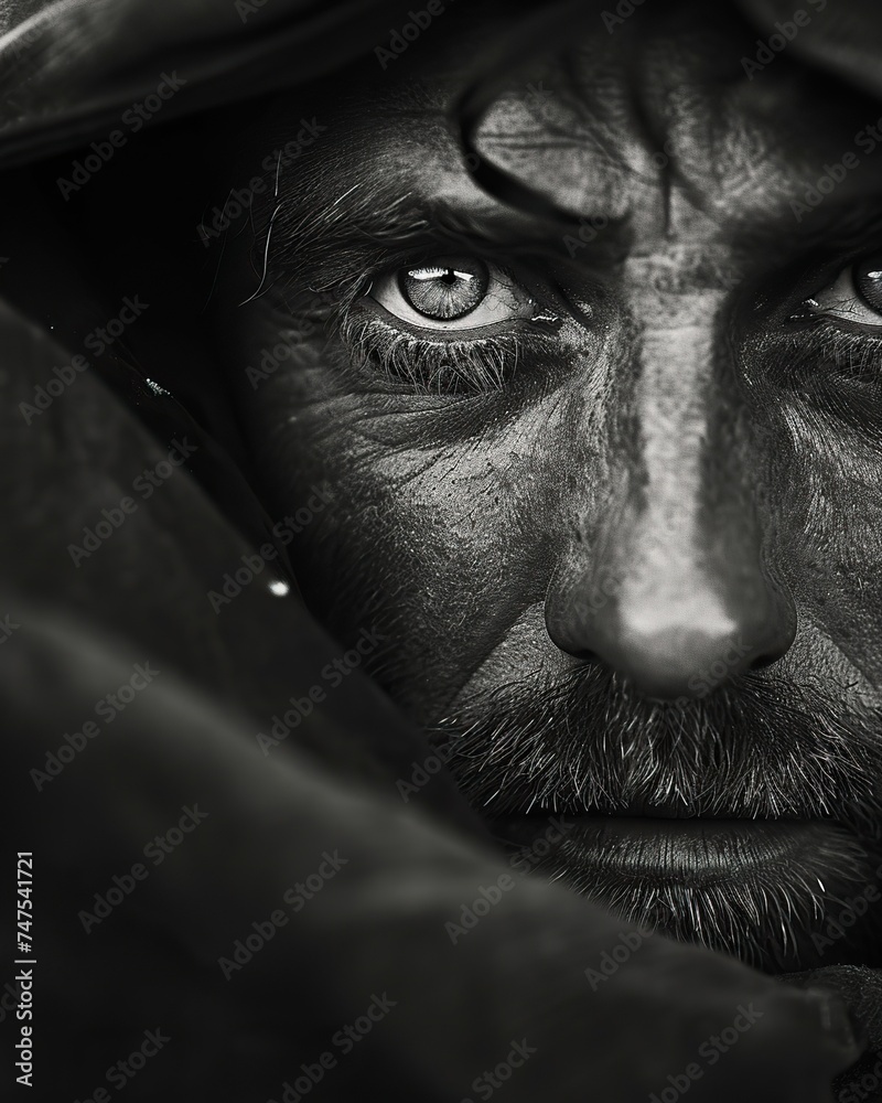 A close-up photograph capturing the intense gaze of a bounty hunter, emphasizing the resilience and determination in their eyes. The gritty black and white composition with high contrast. A close-up photograph capturing the intense gaze of a bounty hunter, emphasizing the resilience and determination in their eyes. The gritty black and white composition with high contrast.