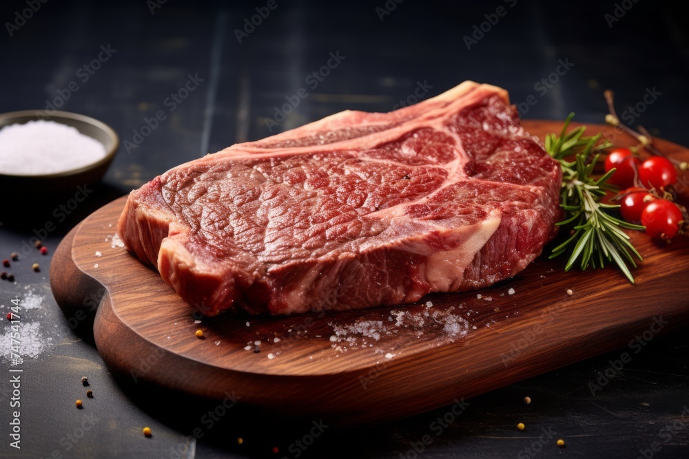 Highly detailed close-up photography of a delicious medium rare ribeye steak on a wooden board against a polished cement background. AI Generation