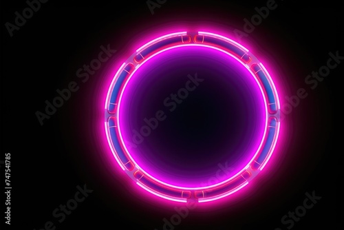 Neon glowing round frame, backlit on a black background.