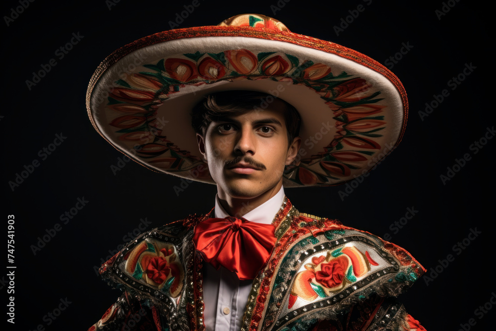 Young mexican man in traditional hat sombrero and carnival costume