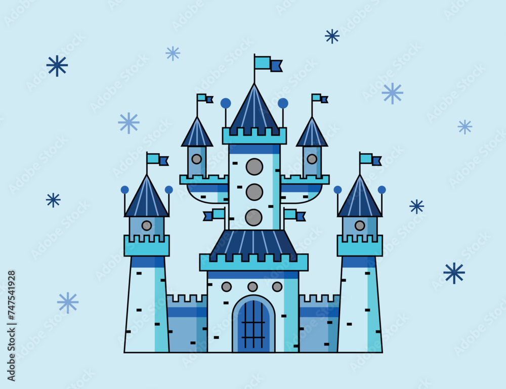 Cartoon snowy big castle of the snow queen in winter
