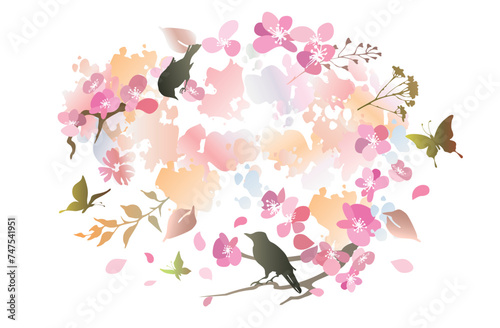 Canvas Print Spring composition with sakura flowers, birds and butterflies