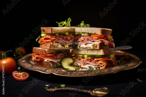 Macro view photography of a juicy sandwiches on a porcelain platter against a polished cement background. AI Generation