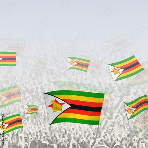 Crowd of people waving flag of Zimbabwe square graphic for social media and news.