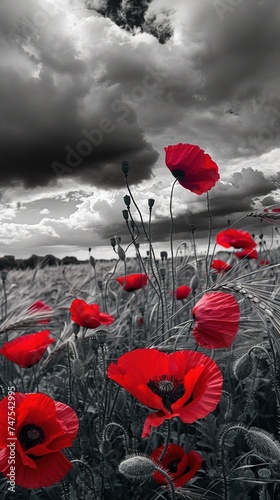 red poppies in the field. background imagery for remembrance or armistice day on 11 of november. dark clouds on the sky. selective color
