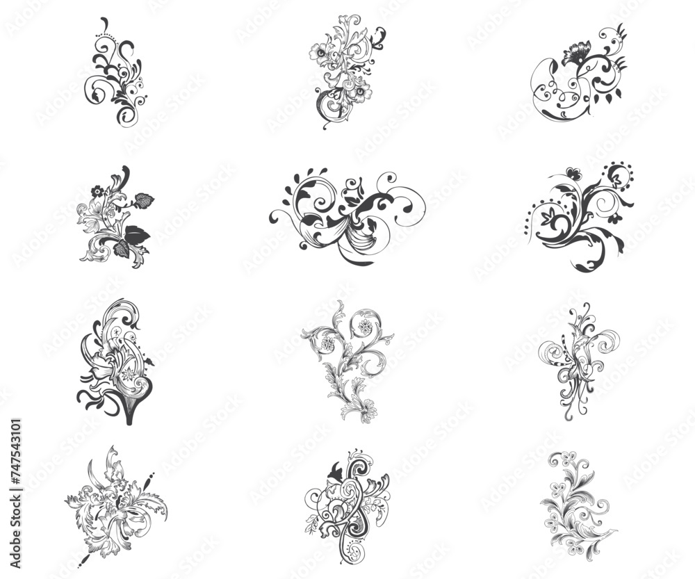 floral element pack vector illustration, Floral Ornaments Pack, Vintage ornamental frame elements