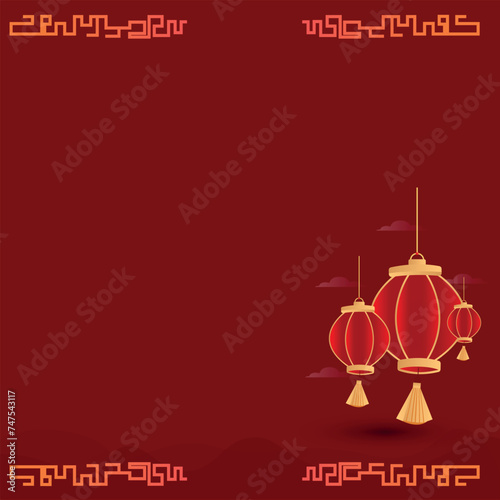 Chinese new year red pocket design. Chinese new year celebration banner. Red envelope design template. Happy Chinese new year banner with text space in maroon red colour and Chinese hanging lanterns. 
