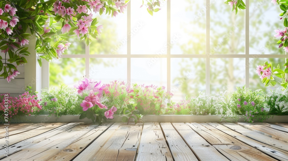 Wooden table of free space for your decoration. White big window with spring time. Fresh flowers on top Wooden table of free space for your decoration. White big window with spring time. Fresh flowers on top