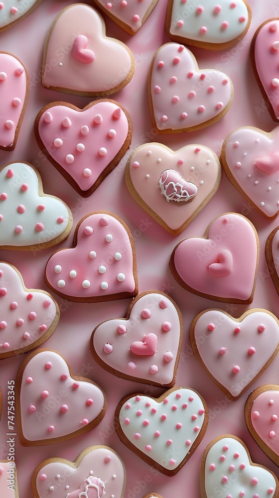 Pink heart shaped cookies, seamless background. Sweet valentines day love cookies covered with icing
