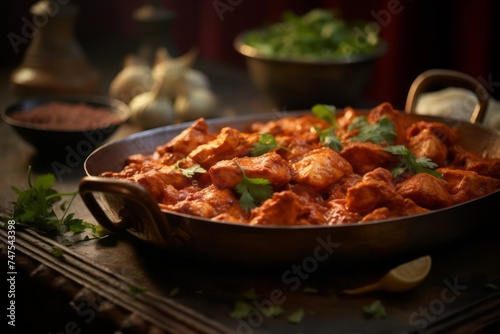 Close-up view photography of a tasty chicken tikka masala on a metal tray against a vintage wallpaper background. AI Generation