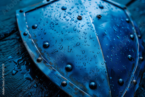 A blue metal shield with water drops on it photo