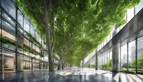 Environmentally friendly modern office building in the CBD sustainable office building with green natural trees reducing carbon dioxide for a green environment. Generative AI