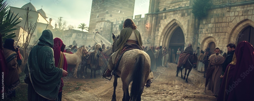 Palm Sunday. Jesus rides the donkey into Jerusalem