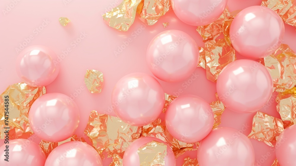 glossy pearl pink balloons with gold foil background. glossy pearl pink balloons with gold foil background.