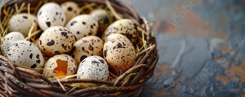 Painted eggs and speckled quail eggs in a wicker basket with min