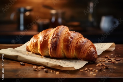 Highly detailed close-up photography of an hearty croissant on a wooden board against a newspaper or magazine background. AI Generation
