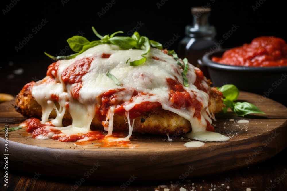 Highly detailed close-up photography of a juicy chicken parmesan on a wooden board against a newspaper or magazine background. AI Generation Highly detailed close-up photography of a juicy chicken parmesan on a wooden board against a newspaper or magazine background. AI Generation