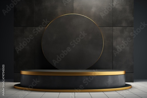 Round empty podiumRound empty podium luxury black and golden 3D Award ceremony concept. Stage backdrop AI generated