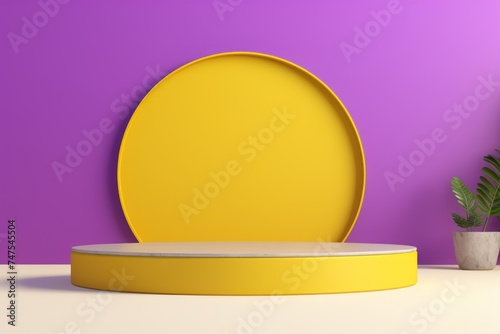 Round empty podium yellow and purple 3D Award ceremony concept. Stage backdrop AI generated