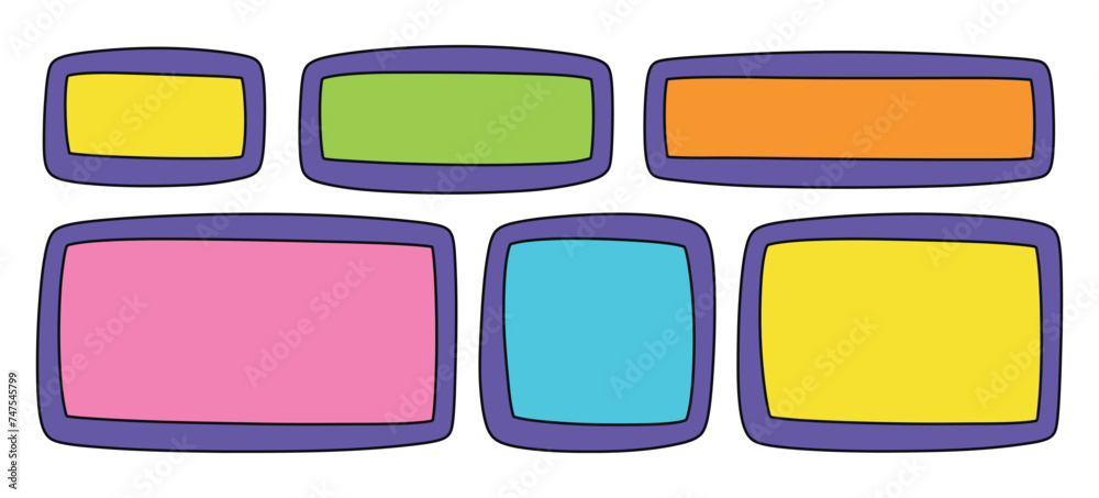 A set of hand drawn doodle blank text frames. Colored text box. Empty speech bubbles on transparent background. Flat Vector Illustration EPS10 A set of hand drawn doodle blank text frames. Colored text box. Empty speech bubbles on transparent background. Flat Vector Illustration EPS10