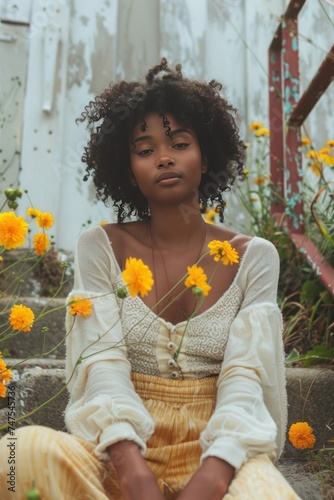 a person sitting on some steps with some flowers