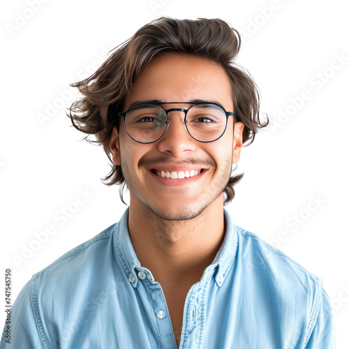 a young man wearing glasses in blue shirt smiling