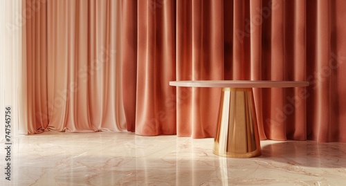 a round velvet table with a pink curtain in front