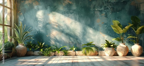 a stone block and a green wall in tropical setting