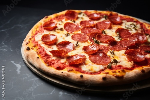 Close-up view photography of a refined pizza on a marble slab against a polished cement background. AI Generation
