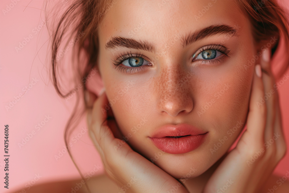 Portrait of young woman with perfect healthy skin. Beautiful female face with wrinkles and natural makeup. Skincare and cosmetics concept Portrait of young woman with perfect healthy skin. Beautiful female face with wrinkles and natural makeup. Skincare and cosmetics concept