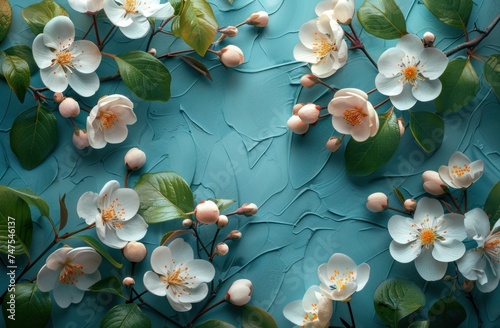 a white frame made from flowers and green leaves over a blue background