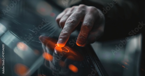 a man pressing his finger on an orange button on a computer screen