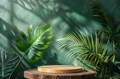 an empty wooden podium on a green background with palm leaves