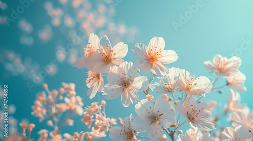 a photo of some white flowers by the blue blue sky