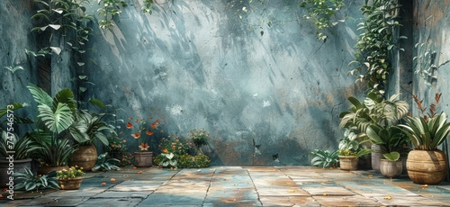 a stone block and a green wall in tropical setting