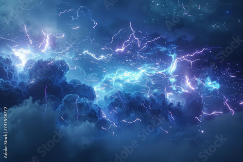 Lightning strikes in a dark blue sky with clouds