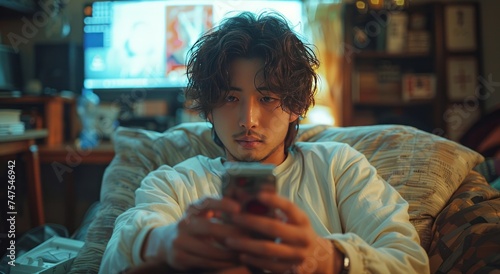 a man sitting and taking a picture with his cell phone