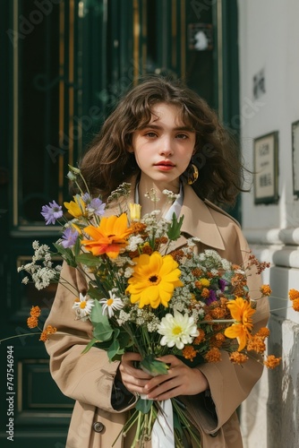 a woman on steps holding a bouquet of flowers