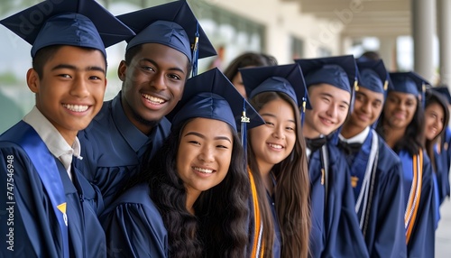 diverse group of college graduates Hispanic Asian White male female blue caps and gowns smiling 