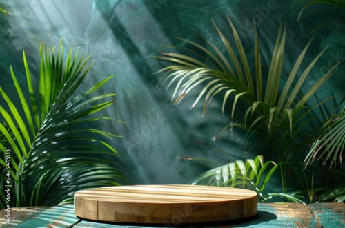 an empty wooden podium on a green background with palm leaves