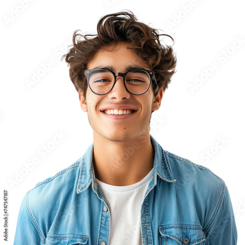 a young man wearing glasses in blue shirt smiling