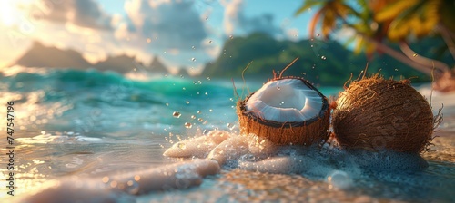 coconut juice with coconut milk on the beach