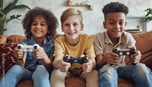 three young kids playing video games together hanging out on couch holding controllers  photo