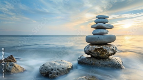 Zen stones by the ocean, a set of stacked rocks by the sea, zen stones in the water, long exposure, blurred background, copy space