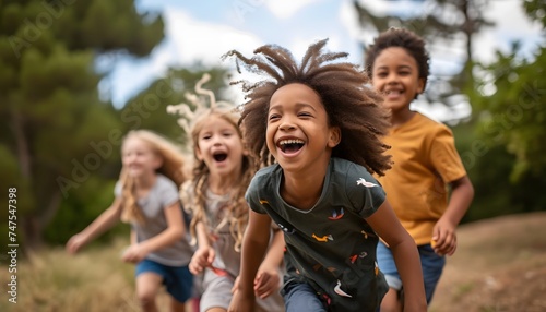 happy diverse group of kids running playing outside laughing smiling 