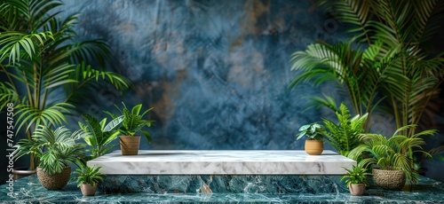 a white marble top with palm plants in the background