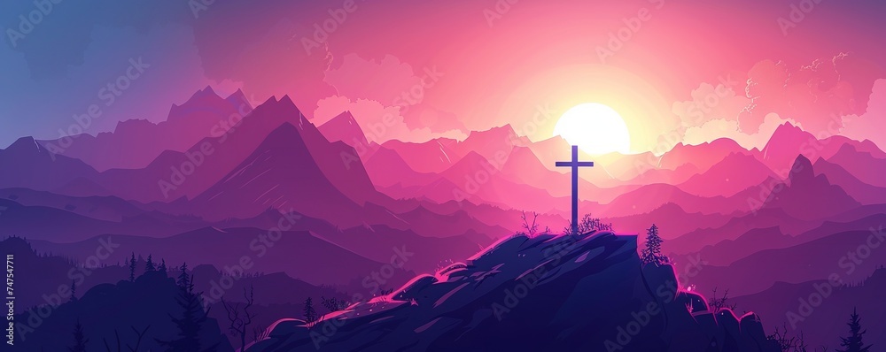 Cross and Crown of thorns on the mountain with sunset. Good friday background banner. Christian concept design. vector art illustration - obrazy, fototapety, plakaty 