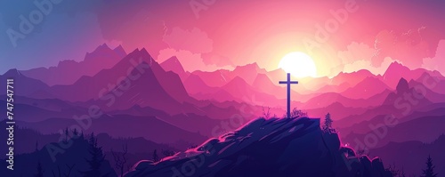 Cross and Crown of thorns on the mountain with sunset. Good friday background banner. Christian concept design. vector art illustration
