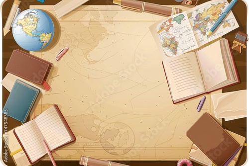 high quality Nordic style cartoon Border design surrounded by stationery supplies, pen, book, Globe, brown background